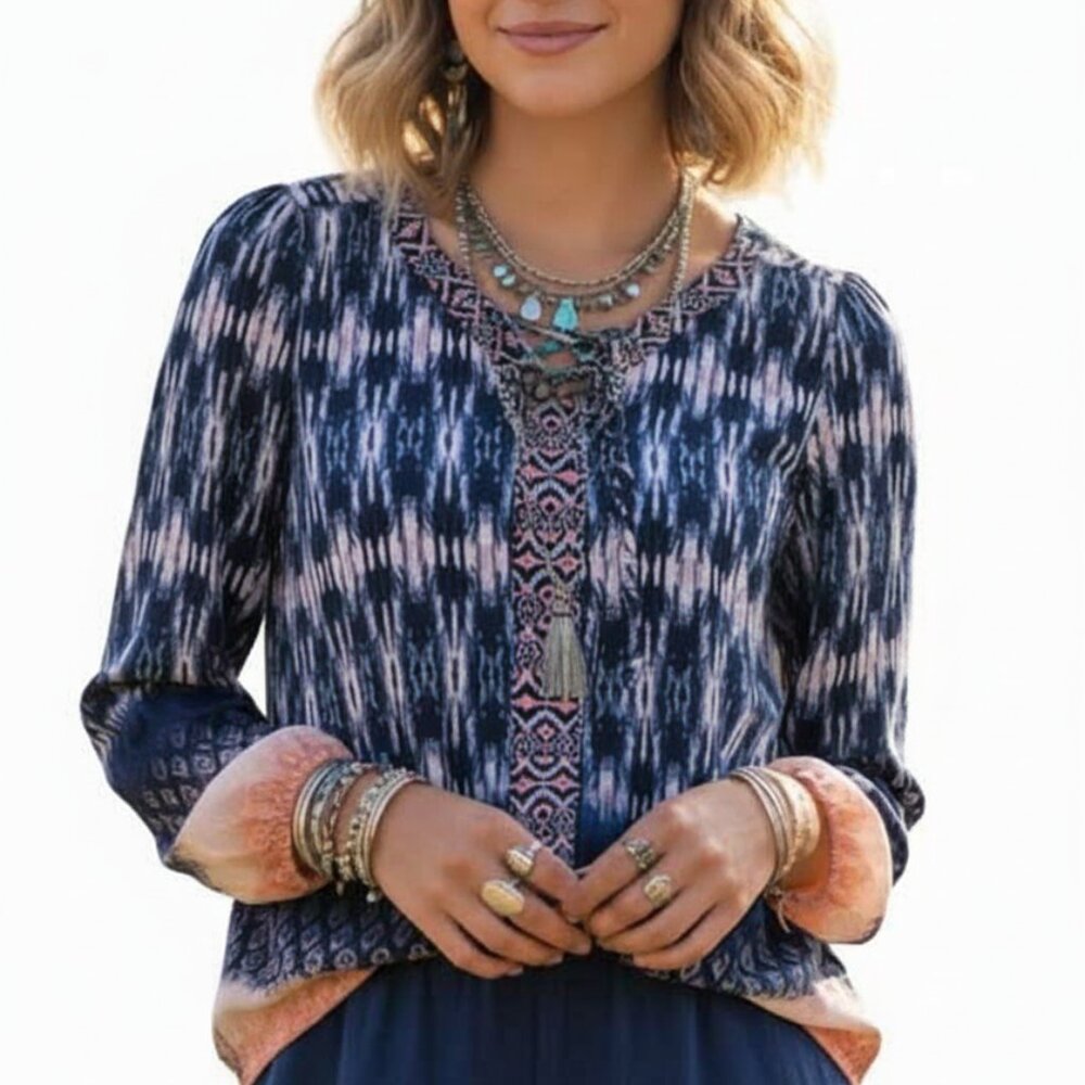 Vintage America Boho Ikat Tie Neck Peasant Blouse M Blue Pink